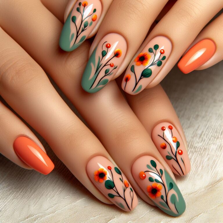 Summer Botanicals: Nails Adorned with Orange and Green Flowers