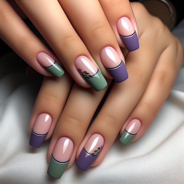 Fancy French Finish: Green and Purple Nail Design