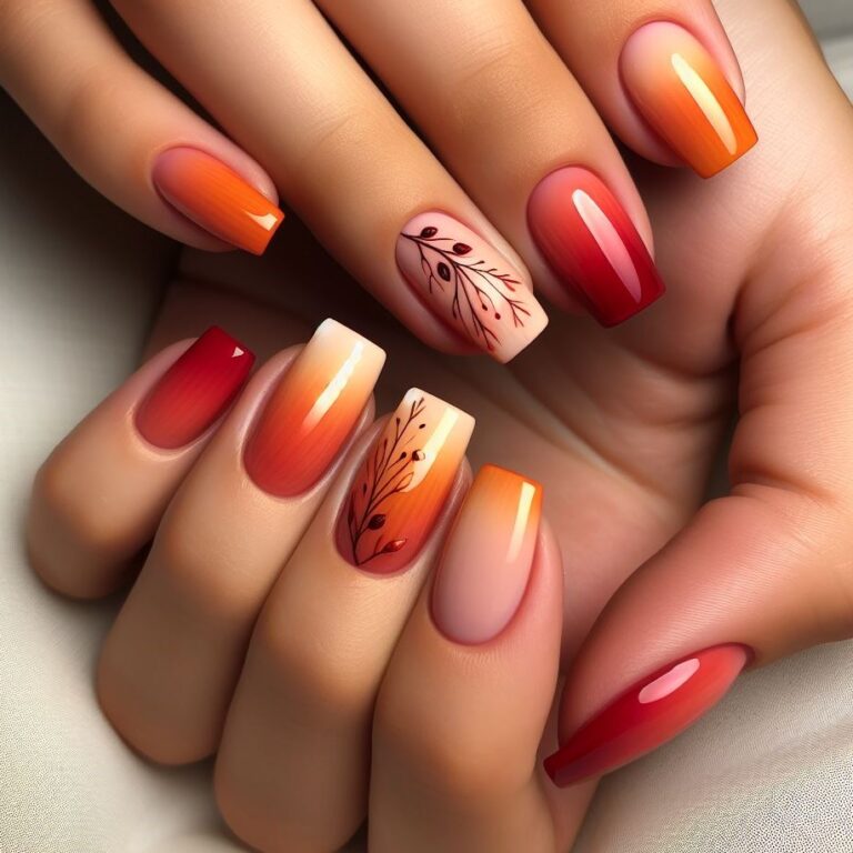 Fiery Foliage Fade: Orange and Red Gradient Nails with Branches