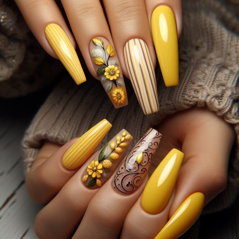 Golden Blooms: Stylish Nail Design Featuring Cheerful Sunflowers