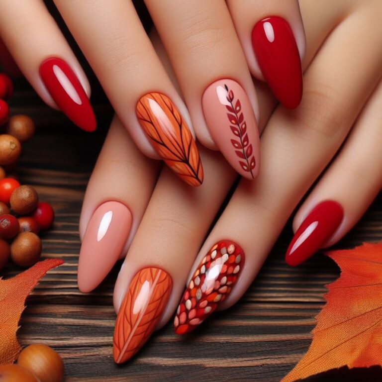 Autumnal Aura: Orange and Red Nail Design Capturing Fall Essence