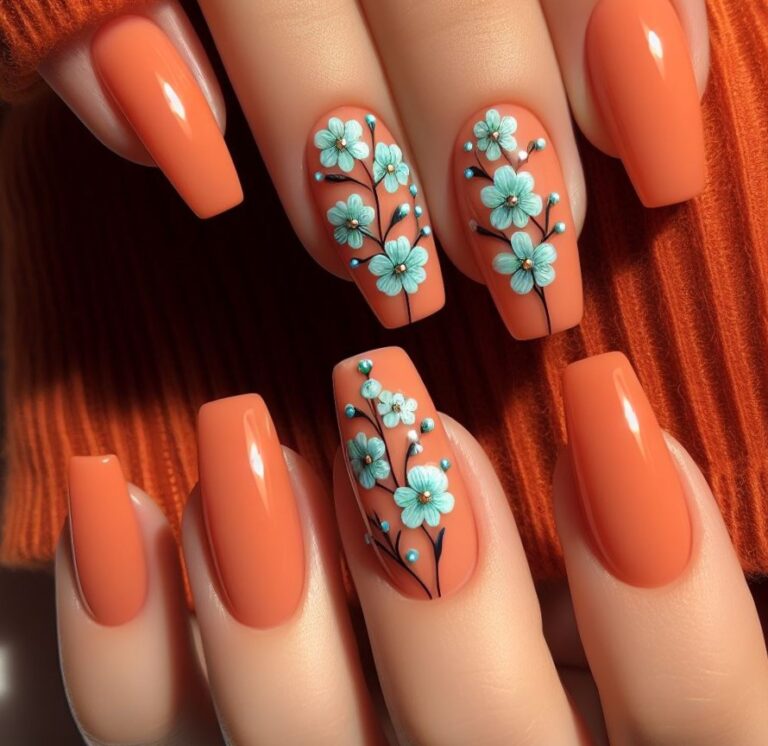 Vibrant Turquoise Blooms: Orange Nail Art Featuring Turquoise Flowers