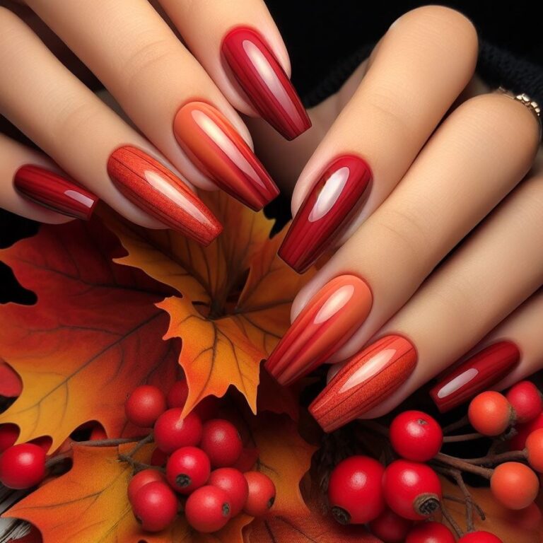 Falling Leaves: Orange and Red Nail Art for Autumn Vibes