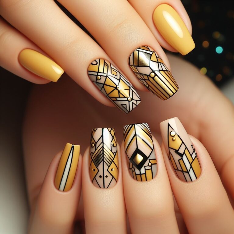 Yellow Geometry: Chic Nail Art with Geometric Patterns