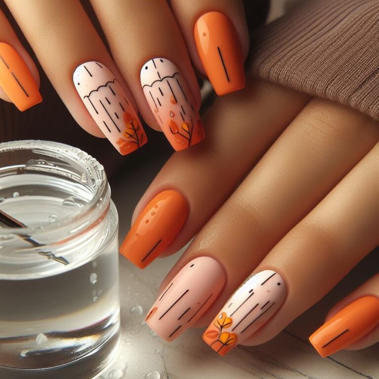 Autumn Raindrops: Orange Nail Art Inspired by a Drizzly Day