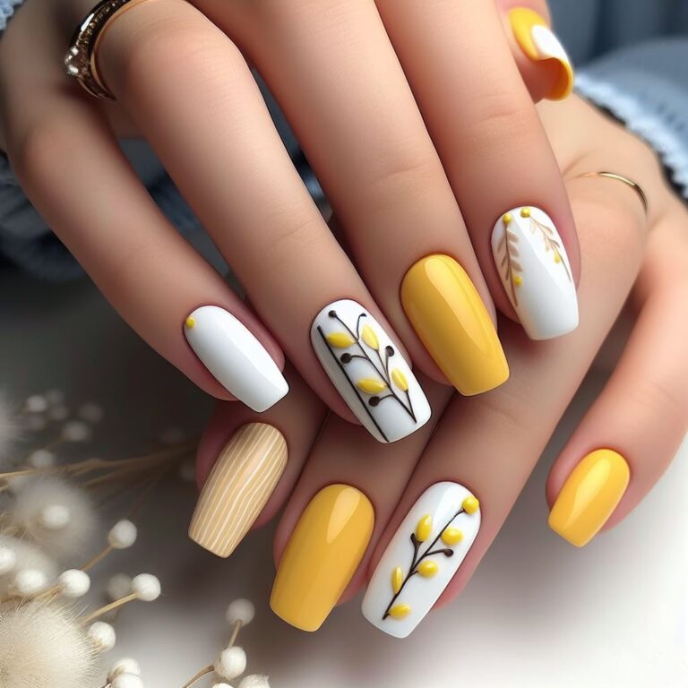 Golden Botanicals: Chic White and Yellow Nails Adorned with Branch Designs