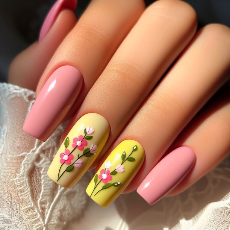 Flower Power: Vibrant Yellow and Pink Nail Design for Spring