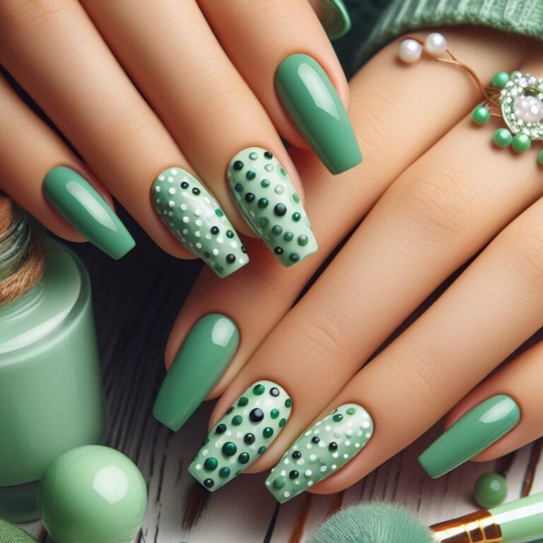 Minty Moments: Green Nails Adorned with Charming Polka Dot Accents