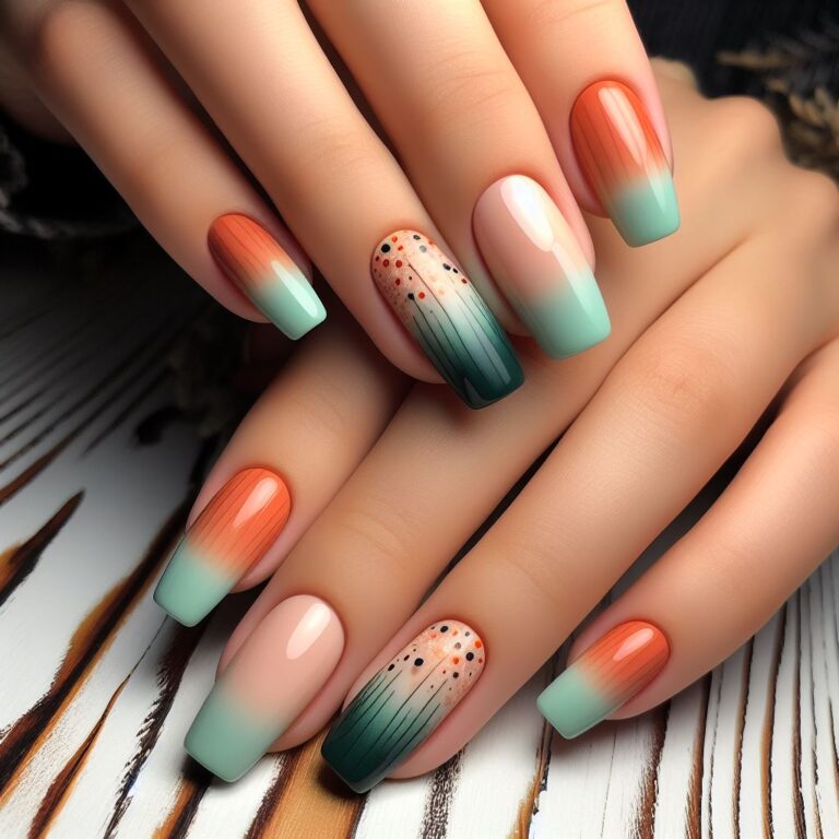 Sunset Oasis: Orange and Green Gradient Nail Art with Pointillism Texture