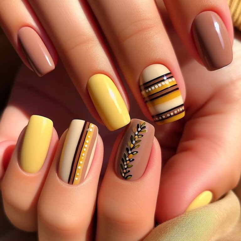 Earthy Elegance: Brown and Yellow Nail Design with Stripes and Dots
