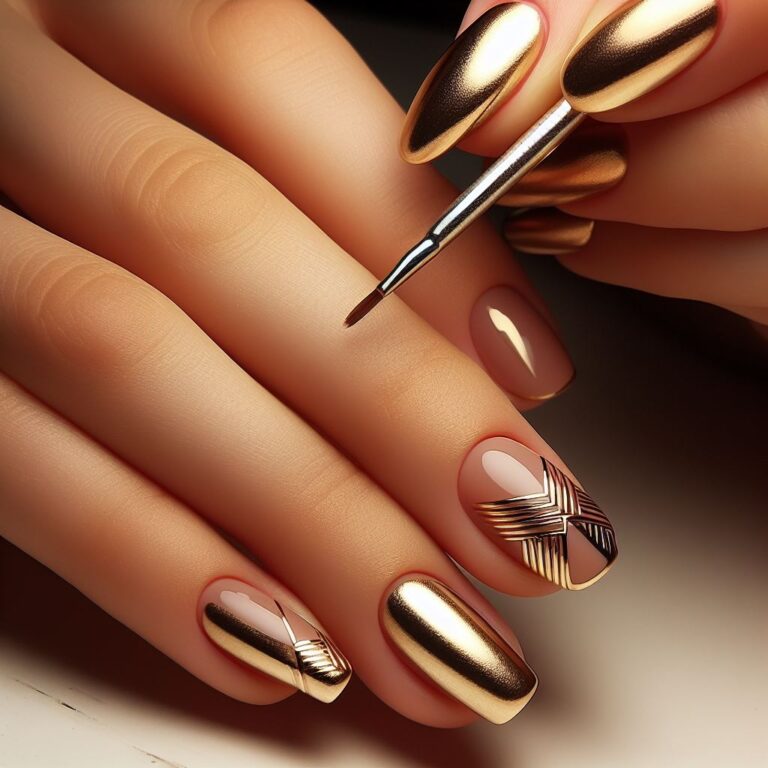 Golden Geometric Glam: Nail Art with Stylish Line Patterns