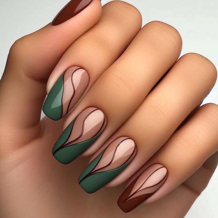 Subtle Seduction: Sensual Green and Brown Nail Art with Delicate Curves