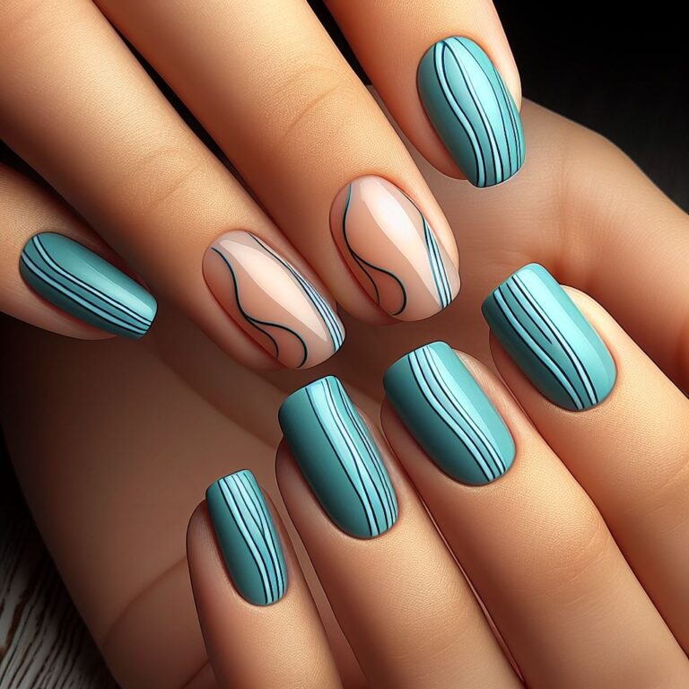 Flowing Turquoise: Nail Art with Elegant Curved Lines