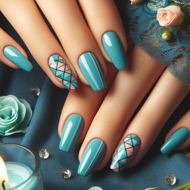 Aqua Symmetry: Turquoise Nail Art with Balanced Geometric Elements