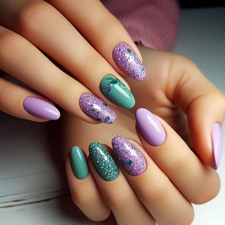 Radiant Green and Purple Glitter Nails: Shimmering Elegance