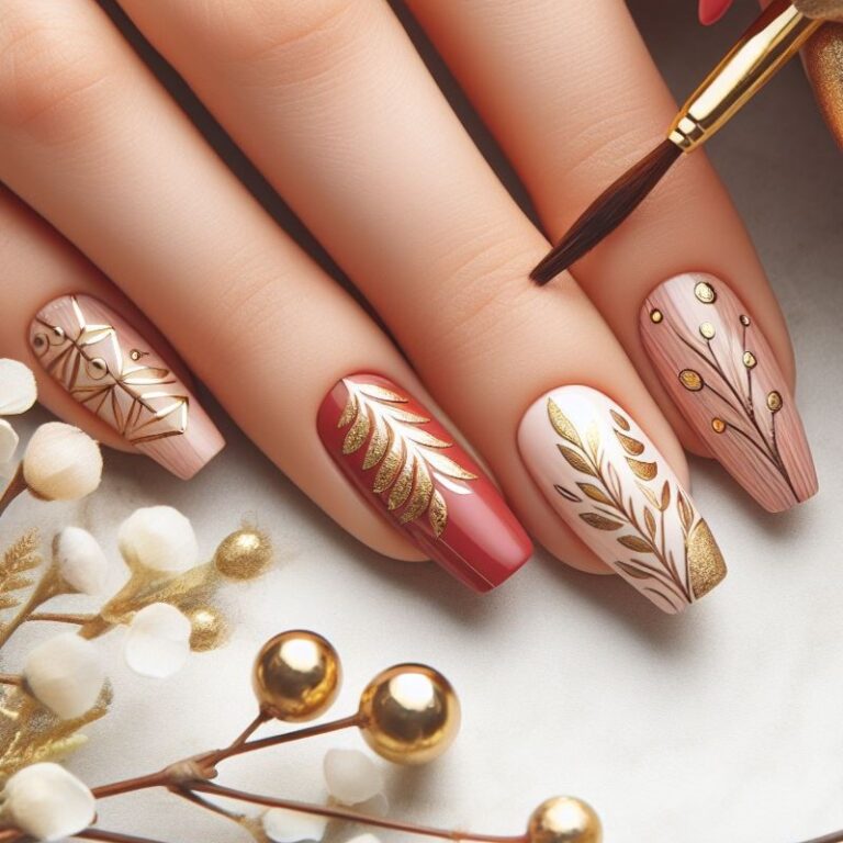 Branches of Elegance: Red and Gold Nail Design with Intricate Twig Details