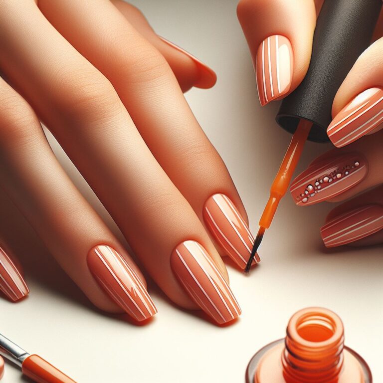 Creamsicle Chic: Stylish Orange Nails with Delicate White Lines