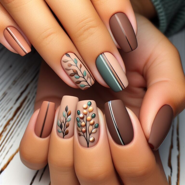 Forest Fusion: Green and Brown Nails Embellished with Stripes and Leaf Patterns