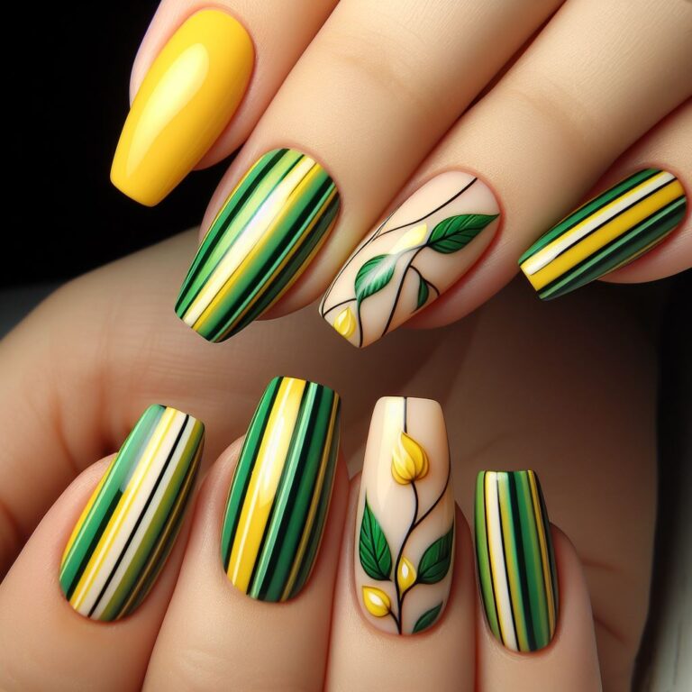 Leafy Lines: Vibrant Yellow and Green Nails Adorned with Stripes and Foliage