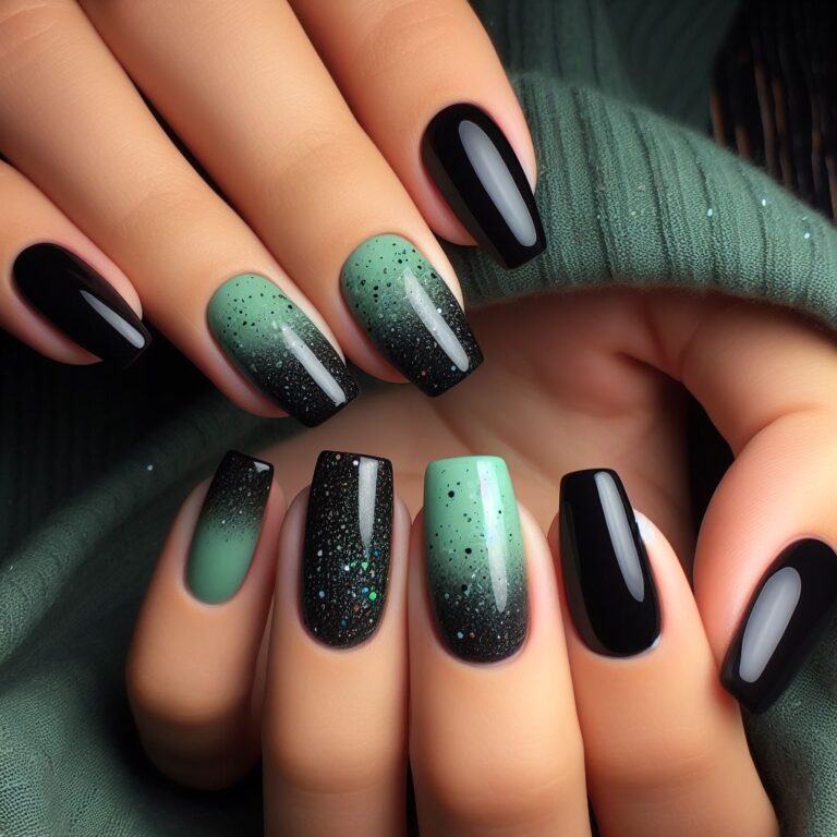 Glistening Green and Black Gradient Nails: Sparkle Your Style