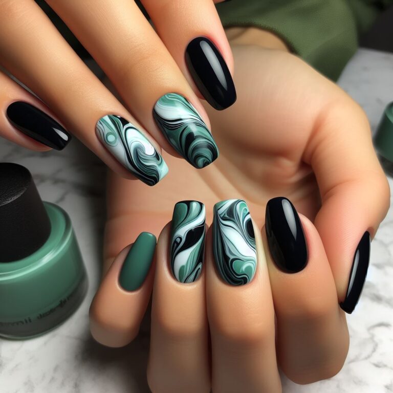 Elegant Marble Magic: Chic Green and Black Nail Art Inspiration