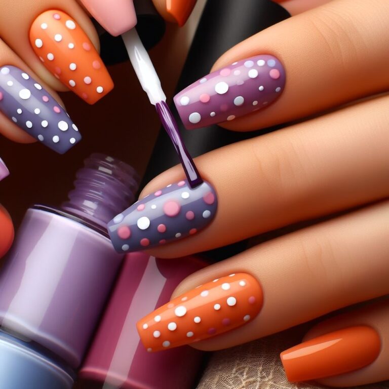 Polka Dot Parade: Purple and Orange Nail Design for a Playful Look
