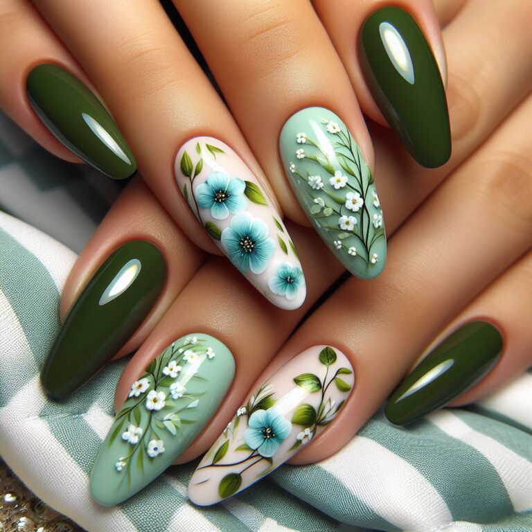Floral Fantasy: Green Nail Design with Spring Blue Blossoms