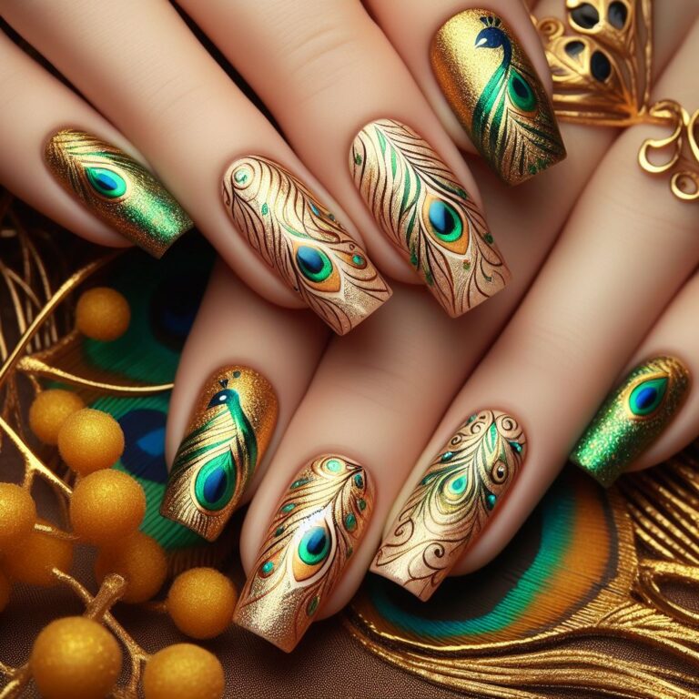 Peacock Feathers: Stunning Green and Gold Nail Art Inspiration