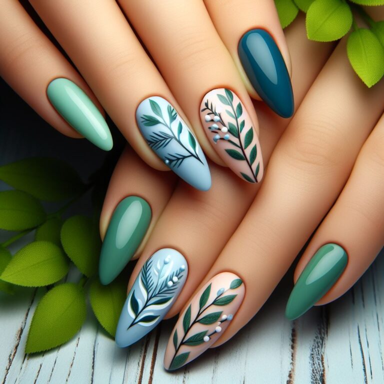 Foliage Fantasy: Green and Blue Nail Art with Intricate Branch Patterns