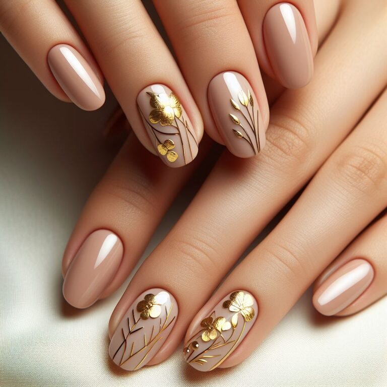 Golden Flower Fantasy: Trendy Nail Art with Intricate Designs