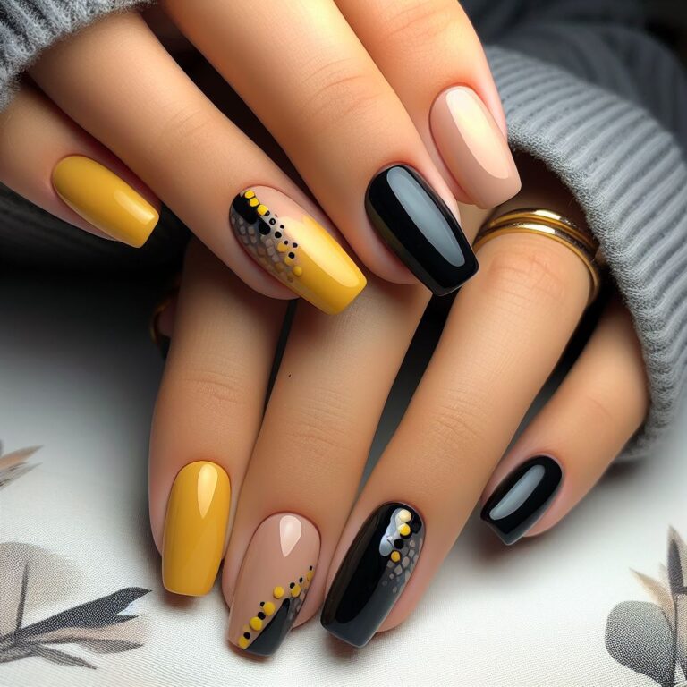 Charming Contrasts: Yellow and Black Nail Designs with Dotted Details