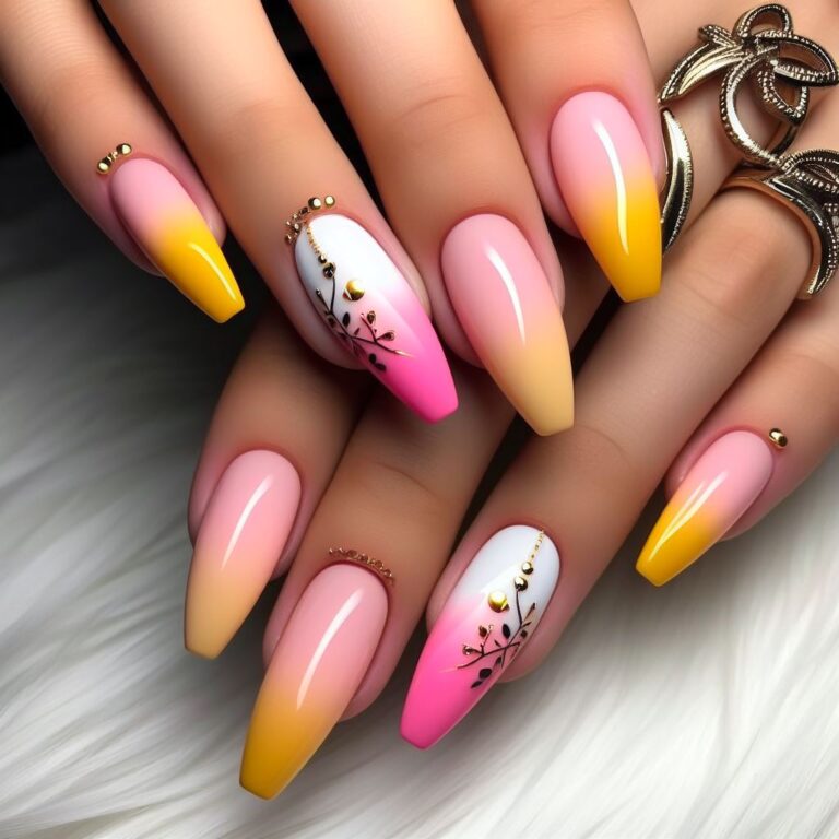 Sunset Sparkle: Yellow and Pink Ombre Nails with Gold Stone Details