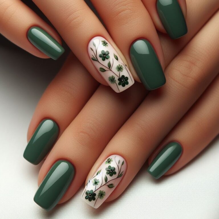 Botanical Beauty: Green Nail Design with Elegant Floral Motifs