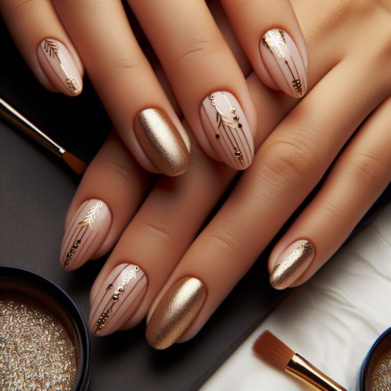 Gilded Glamour: Nail Art with Gold Lines and Crystals