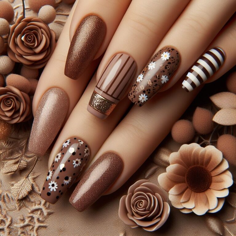 Brown Stripes & Blooms: Chic Nail Art with Floral Patterns & Glitter