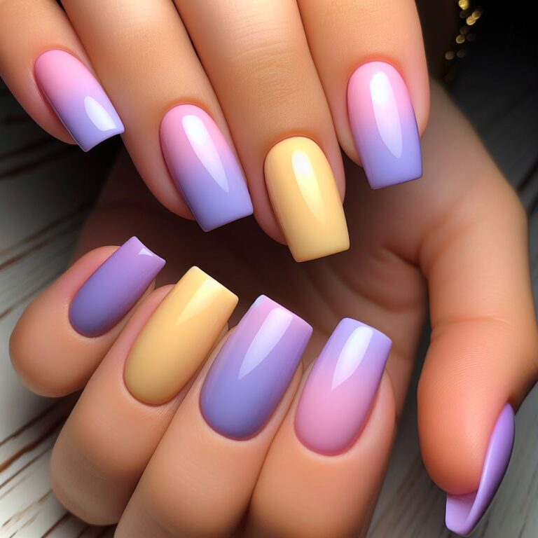 Radiant Ombre: Chic Yellow and Purple Nail Design