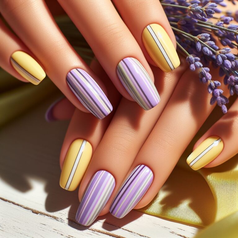 Vibrant Lines: Chic Yellow and Purple Nail Art with Stripes