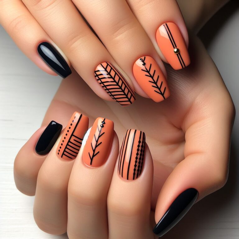 Chic Contrast: Orange Nails with Black Linear Accents