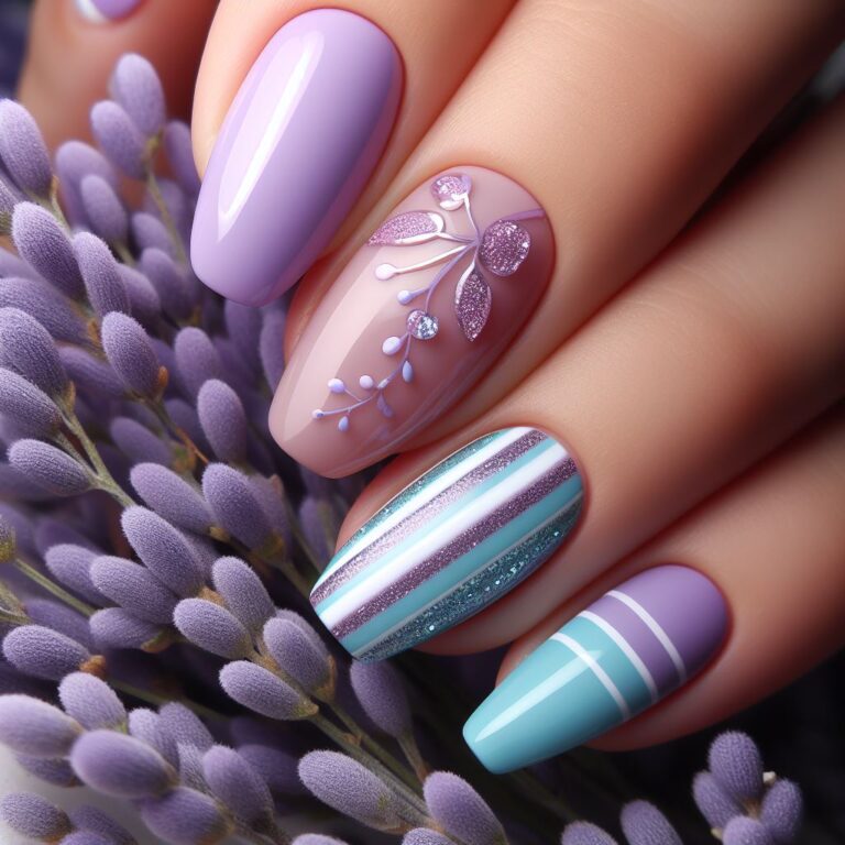 Floral Fusion: Purple and Turquoise Nail Design with Stripes and Sparkles