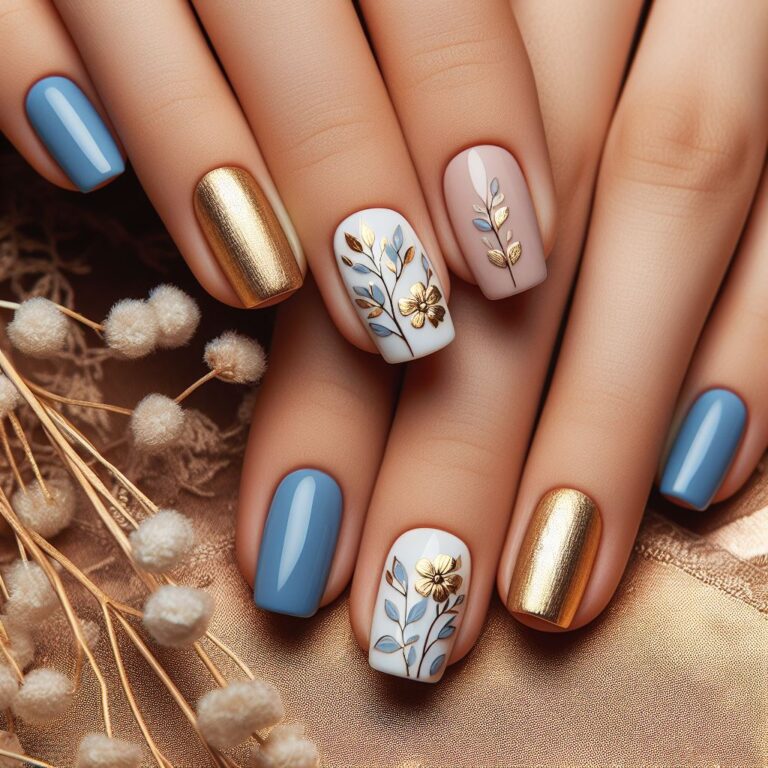 Gilded Garden: Blue Nail Art Featuring Golden Branches and Flowers