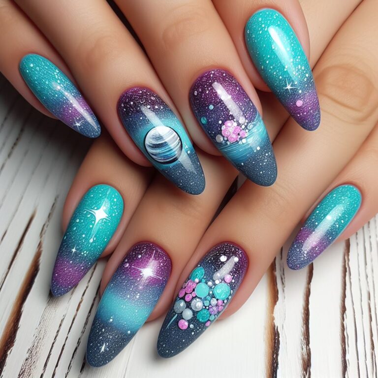 Galactic Glamour: Purple and Turquoise Space-inspired Nail Design