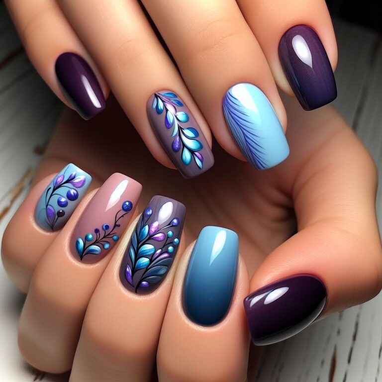 Purple Petals: Delicate Floral Nail Design in Blue and Purple Hues