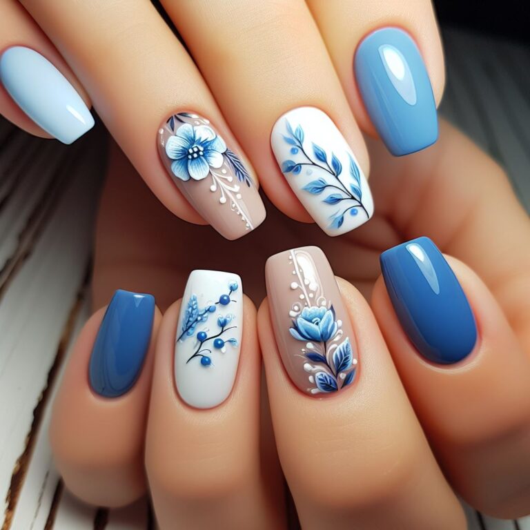 Blue Garden Dreams: Nail Design with Beautiful White and Blue Flowers