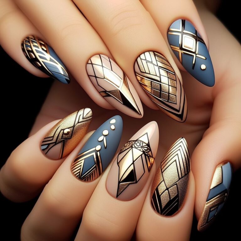 Metallic Majesty: Blue and Gold Nail Art with Contemporary Geometric Patterns