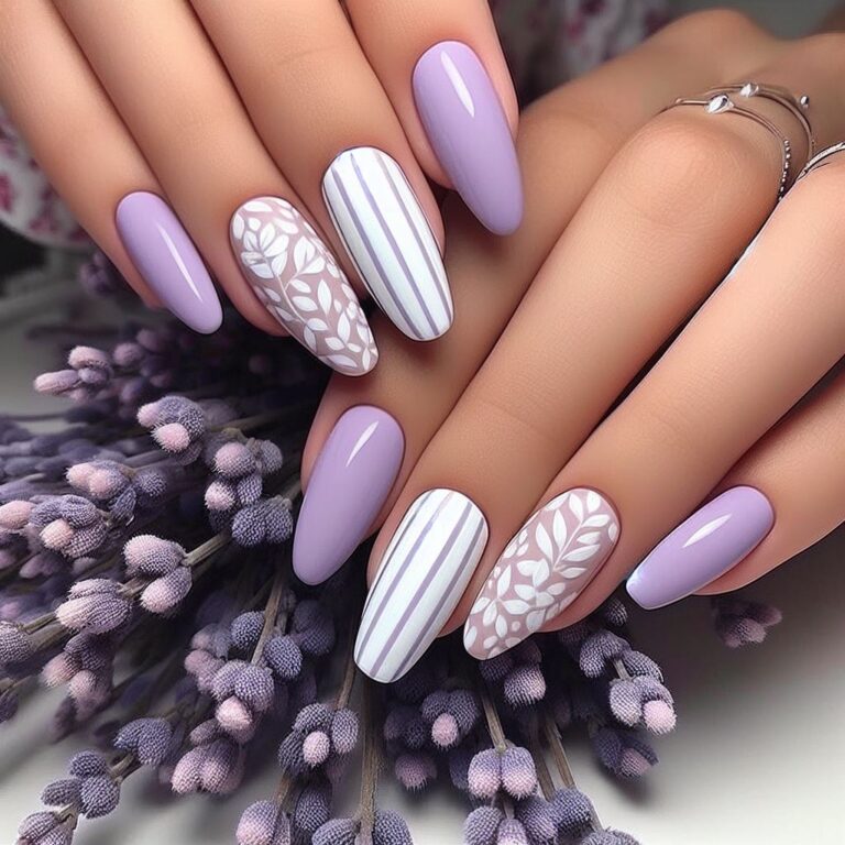 Floral Finesse: Purple Nail Art with White Flowers and Stripes