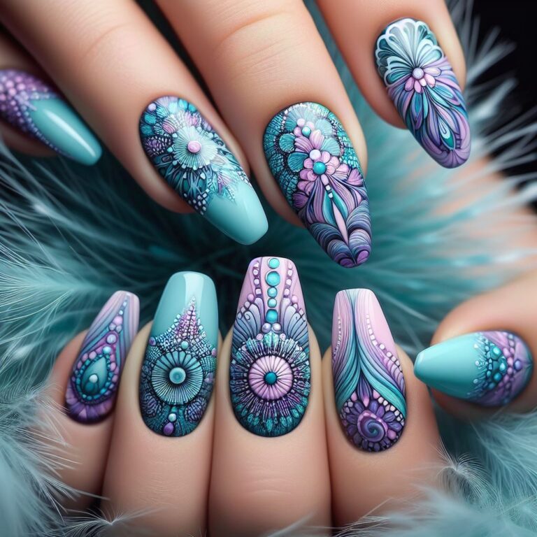 Mystical Mandalas: Purple and Turquoise Nail Art Inspiration