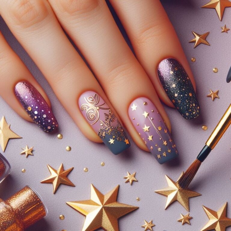 Starry Night Glam: Purple and Gold Nail Design with Sparkles
