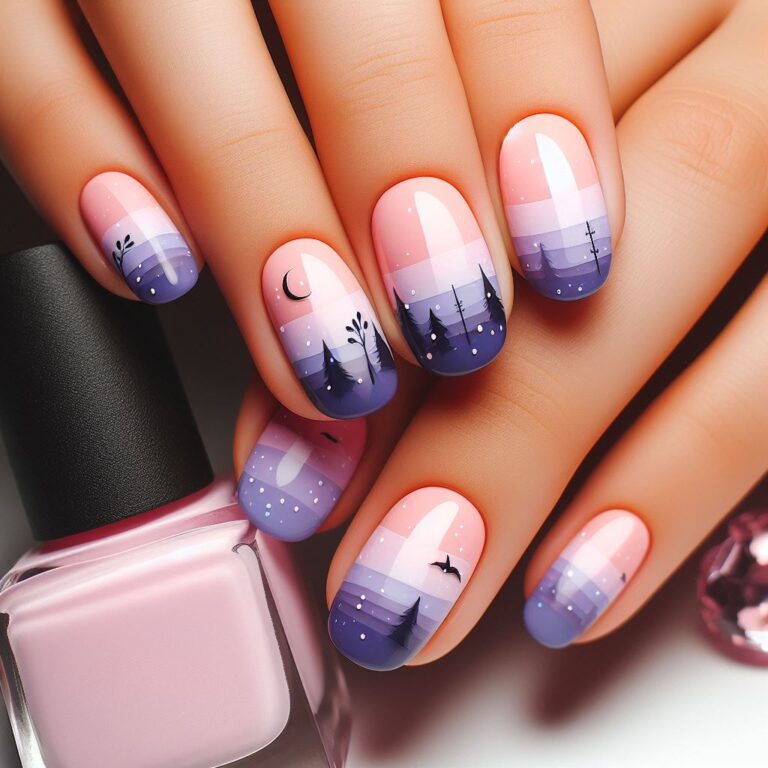 Twilight Forest: Nail Art Inspired by Violet and Pink Sunset with Silhouettes