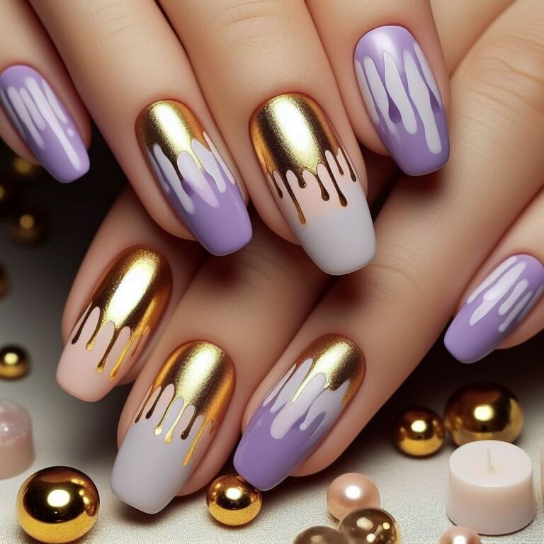 Dripping Elegance: Glamorous Purple and Gold Nail Design