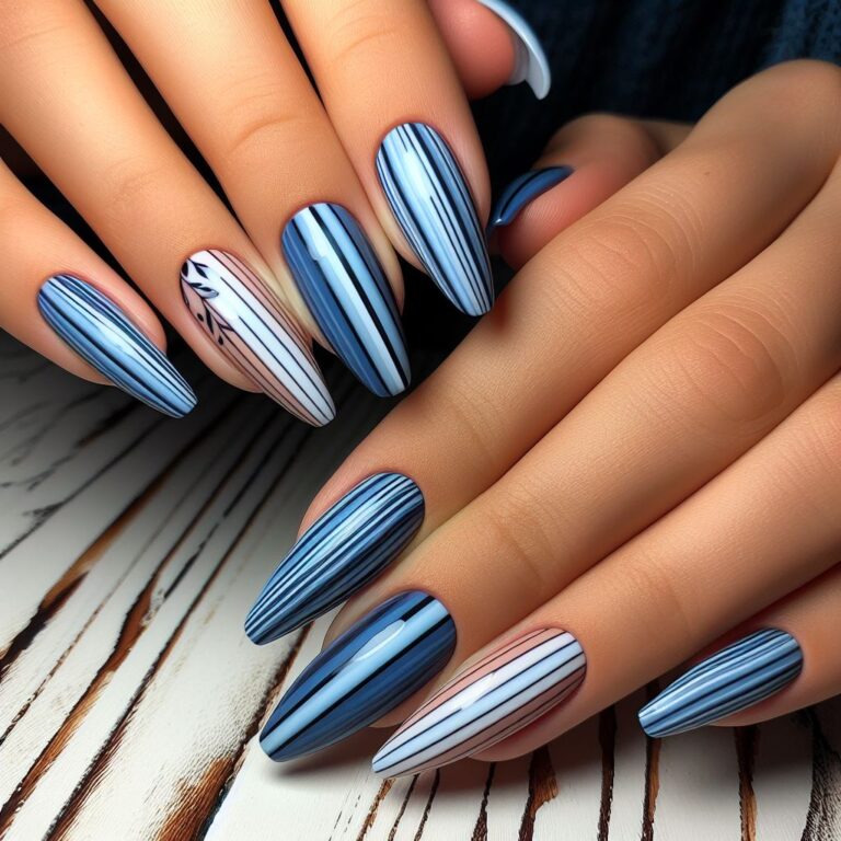 Classic Stripes: Blue and White Nail Design for Timeless Style